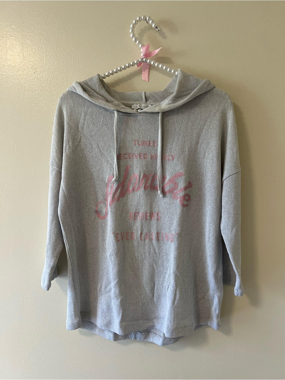 Casual Light Gray Hoodie Sweater with Pink Script